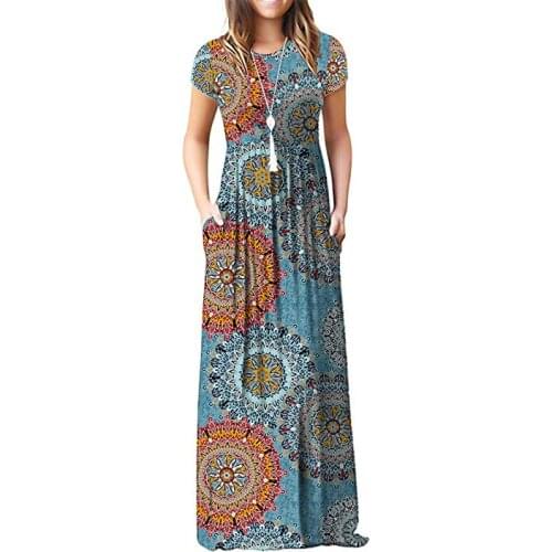 Elegant Women Printed Pocket Short Sleeve Dress Women Sexy Maxi Long Dresses Robe Longue Femme Summer Beach Dress Plus Size