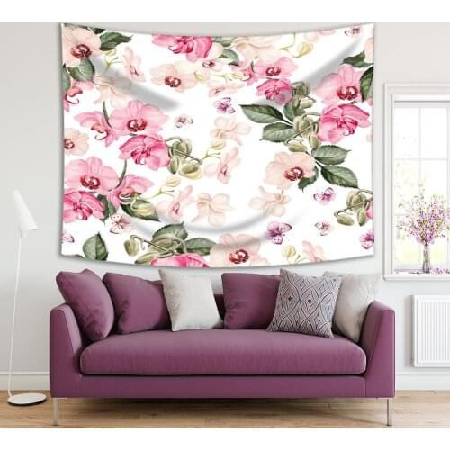 Tapestry Orchid Flowers Butterflies Magical Garden Vintage Style Artwork Green Pink Beige