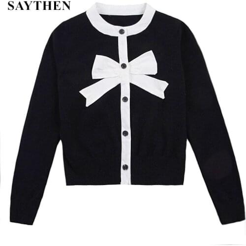 SAYTHEN Sweet Cardigan Female Black White Color Bow Patchwork O-neck Single Breasted Knitted Sweater Women Sueter Mujer
