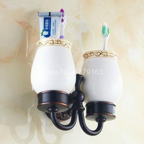 Classic Pattern Base Black Oil Rubbed Antique Bronze Bathroom Bath Tumbler Holder with Double Ceramics cup Wall Mounted aba472