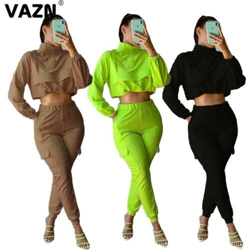 VAZN Young cool 2020 early autumn sexy lady 3 colors 2-piece long set turtleneck full sleeve short tops pockets elastic pant set