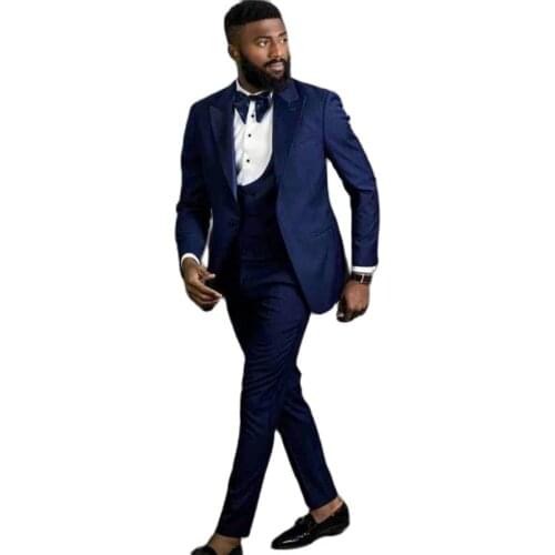 Handsome Navy Blue Mens Toast Suits Evening Dress Slim Fits Groom Tuxedos Prom Party Clothes (Jacket+Pants+Vest+Tie) W:134