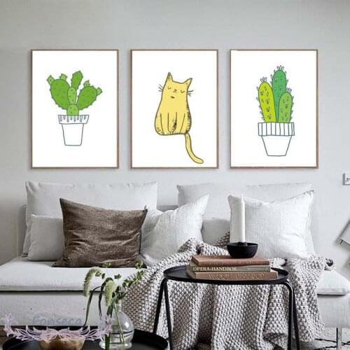 Cartoon Yellow Cat Green Cactus Potted Plant Poster Nordic Cute Spray Color Canvas Painting Wall Art Picture for Living Room