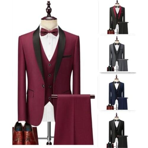 2021 wine red male formal wedding suits men fashion 3 piece Black shawl collar groom business party man Blazer Jacket Vest pants