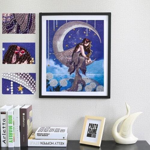 DIY Diamond Painting Kit for Adults Diamond Painting Special Shaped Partial Drill Girl on Moon Diamond Art for Decoration