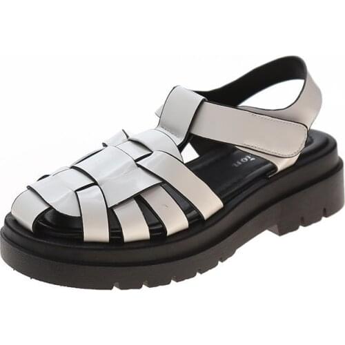 Summer New Style Thick-Soled Roman Style Fashion Hollow Baotou Velcro Ladies Sandals Solid Color Retro Simple