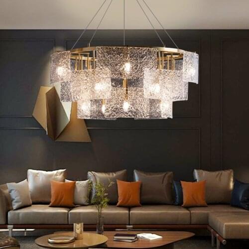 Light luxury post-modern all copper water pattern glass chandelier simple living room dining room villa luxury all copper lamp