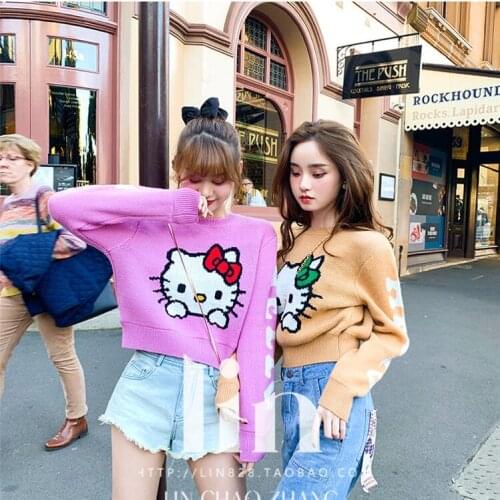 Japanese Spring New Kawaii Sweater Bear Cartoon Print Lolita Girl Pullover Harajuku Long Sleeve Womens Loose Knitted Sweater