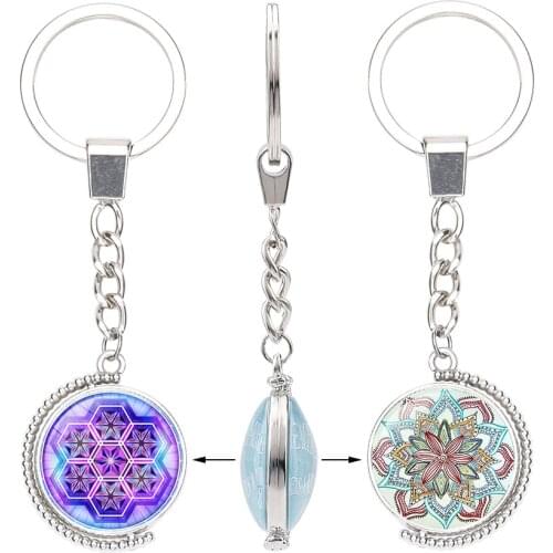 Handmade Yoga Jewelry Om Symbol Buddhist Mandala Flower Women Handbag Keychain Glass Double Side Key Ring Holder