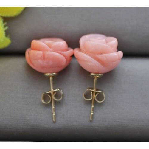 Z11031 Real 13mm Pink Sculpture Rose Flower Coral Stud Earring