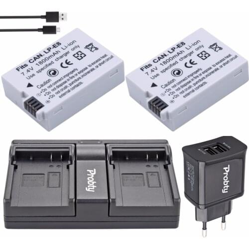 PROBTY 2pcs LP-E8 LP E8 LPE8 Battery + USB Dual Charger + 2-Port Plug For Canon EOS 550D 600D 650D 700D Rebel X4 X5 X6i X7