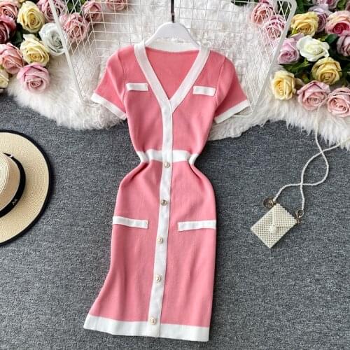 Ladies Summer Vintage Contrast Color Knitted Dress Womens Sexy V-Neck Bodycon Short Sleeve Package Hip Elasticity Sweater Dress