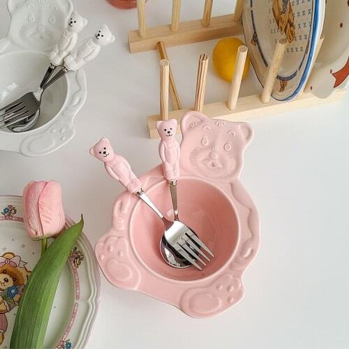 2Pcs Eco Friendly Korean Color Cute Bear Spoon Fork Tableware Dessert Fruit Kitchen Accessories