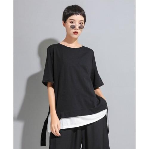 2021 xiachao brand large womens street personality color contrast stitching fake two T-shirts high quality cotton hemp short sl