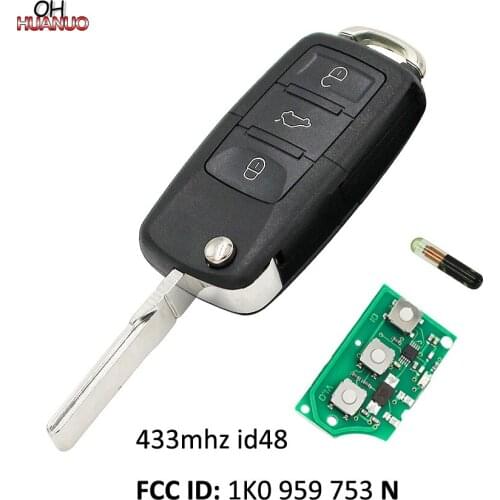 3 Buttons Remote Key Control Fob With ID48 Chip 433MHZ / 434MHZ for VW FCC ID: 1K0 959 753 N