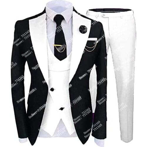 Spring Formal Groomsman Men Suits Custom Made White Notch Lapel Black Jacket+Vest+Pants Slim Fit Blazers Wedding Tuxedos 3 Pcs
