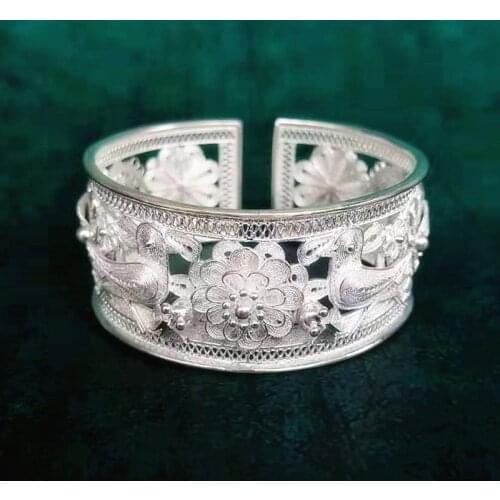 Bastiee Bird Flower 999 Sterling Silver Bangles For Women Bohemian Bracelet Big Bangle Handmade Luxury Jewelry Miao Silver