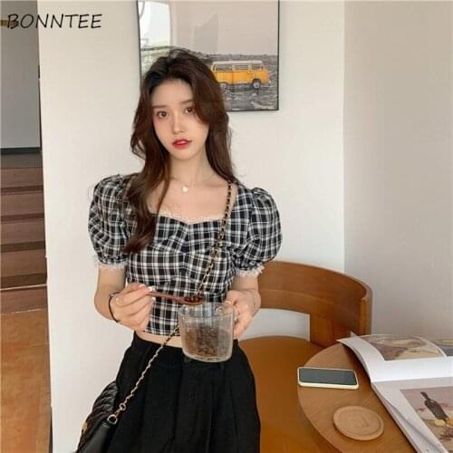 Vintage Blouse Women Plaid Puff Sleeve Elegant Sexy French Style Square Collar Slim Summer Lace Sweet Streetwear Fashion Thin