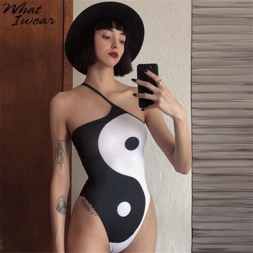 Whatiwear Y2K Comfy Oblique shoulder Gossip Print Bodysuit Women Fashion Casual Female Basic Stretchy Beach Vacation Clothing