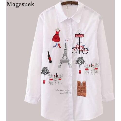Long Sleeve Cotton Embroidery Blouse New White Women Blouse Lady Casual Button Design Turn Down Collar Female Shirt 5083