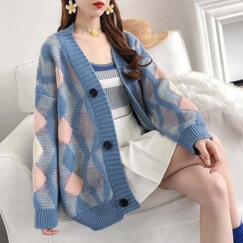 Women Plaid Sweaters Fashion Casual Buttons Cardigans Single Breasted Puff Sleeve Loose Jumper Autumn Winter 2019 Outwear AA5056