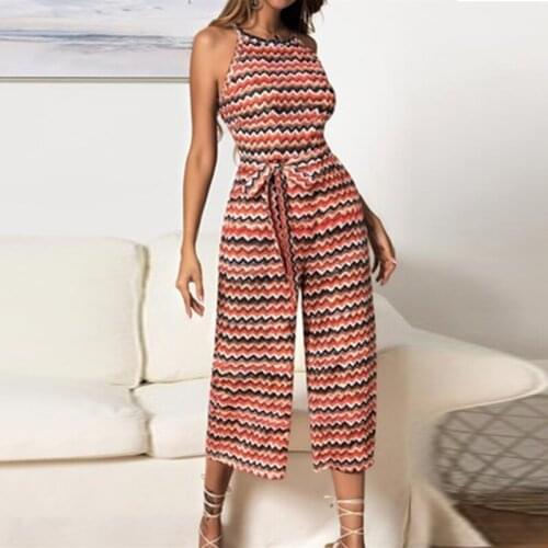 Summer Beach Bohemian Casual Belt Jumpsuits Ladies Rompers Fashion Sashes Stripe Printed Jumpsuit Sleeveless Wide Leg Jumpsuit