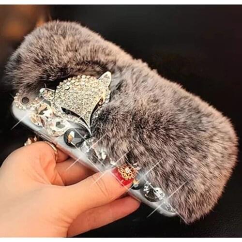 LaMaDiaa 3D Luxury Bling Diamond Soft Fur Case Fox Head Phone Case For iPhone 11 12 Pro Max XR XS 6 6s plus 7 8 plus Back Cover