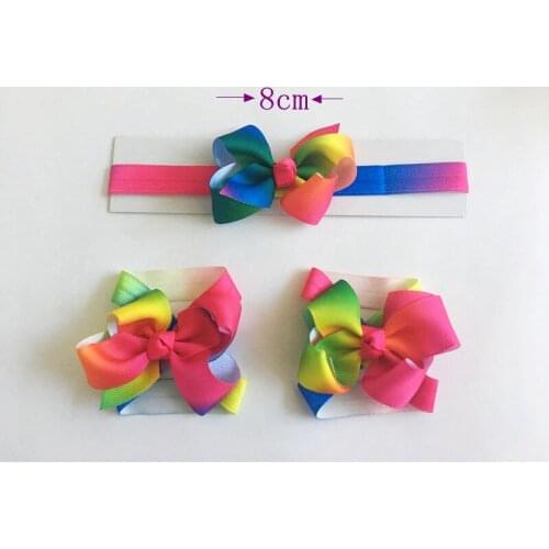 Cute boutique 3inch colorful ribbon bow girls barefoot sandals and headband sets barefoot sandal children shoes