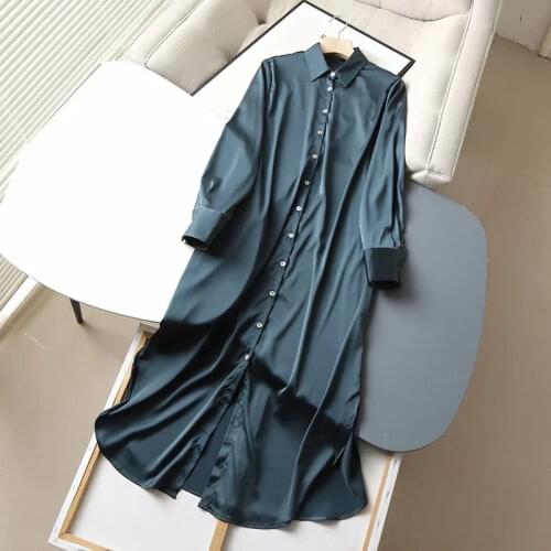 Dave&Di Autumn England Style Fashion Simple Loose Blouse Women Satin Dresses Blusas Mujer De Moda 2021 Long Shirt Women