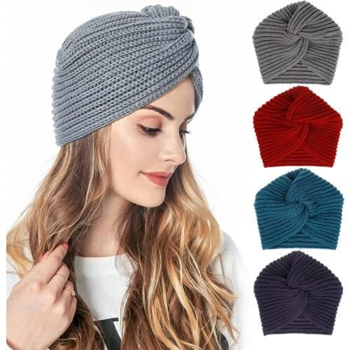 Muslim inner hijab caps bohemia turban cap cashmere cross wrap head Indian hat wool knitting hijab bonnet turbante ready to wear