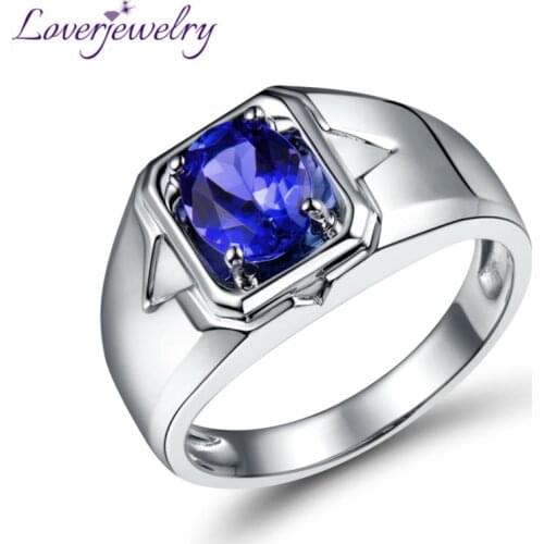 LOVERJEWELRY Simple Solid 18Kt White Gold Natural Tanzanite Men Ring Oval 6x8mm for Wedding Jewelry WU0312E