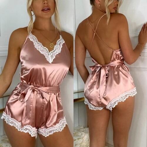 Fashion Stretchy Sexy Lace Pajamas For Adults Women Backless V-neck Lace-up Bodysuit Leotard Short Sleepwear Jumpsuit Rompers