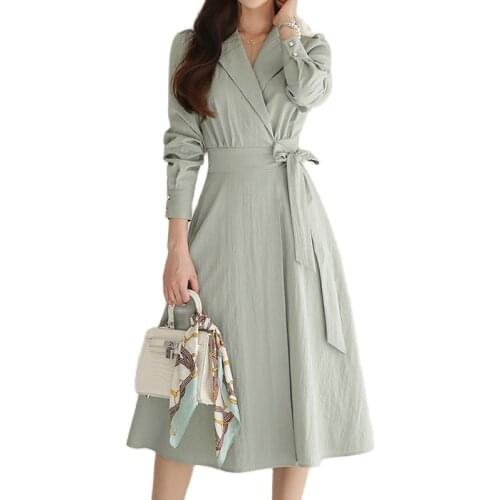Windbreaker Style Dress Pure Color Retro Fashion Generous 2021 Summer And Autumn New Suit Collar High Waist Green MIDI Skirt