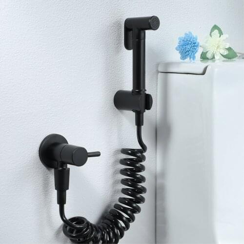 Toilet Bidet Sprayer Brass Matte Black Wall Mounted Single Cold Cleaning Bidet Faucet With 1.5m Telescopic Shower Hose HIDEEP