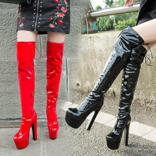 Patent Leather Sexy Thigh High Heel Boots Winter Platform Red Black Women Over the Knee Boots Large Size 45 48 Lady Fetish Shoes