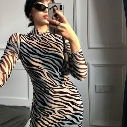 Sexy Women Mesh Sheer Adults See-through Zebra-stripe Pattern Long Sleeve High Turtleneck Bodycon Short Mini Dress