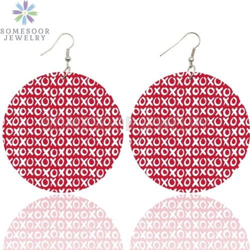 SOMESOOR Hot Pink Sweet XOXO Design Printed Wooden Drop Earrings Bohemian Fabric Style Big Loops Dangle Jewelry For Women Gifts