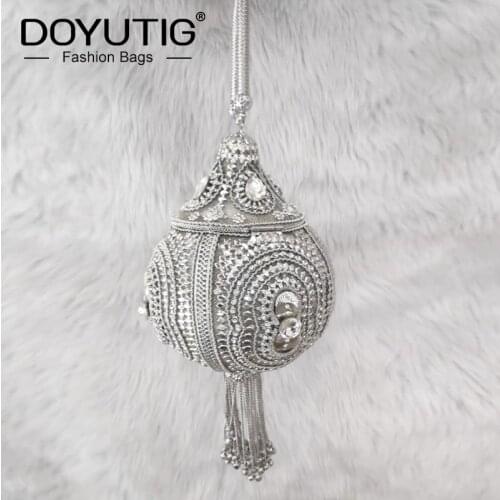 DOYUTIG Indian Design Diamond Wedding Buckets Womens Hand-Made Metal Clutches Lady Silver Color Short Tassels Evening Bags F843