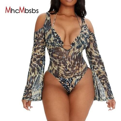 Two Piece Sets Women Mesh See Through Bodysuits Long Sleeve Off Shoulder Romper Set +Halter Corset Crop Tops 2021 Summer Outfits