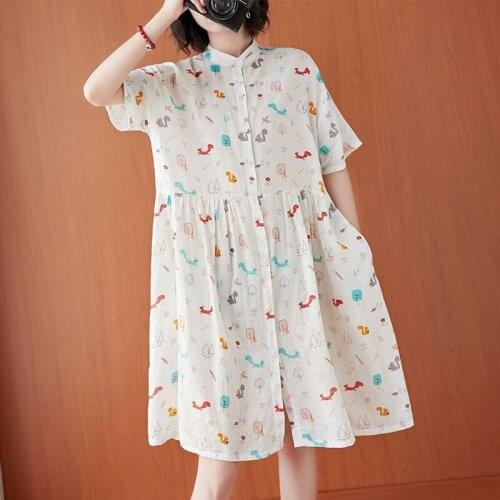 Oversized Women Cotton Linen Casual Dress New 2021 Summer Simple Style Vintage Print Loose Female Knee-length Shirt Dress S3541
