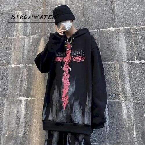 Winter Hoodies Women Sweatshirt Men Harajuku Dark Black Cross Print Loose Plus Velvet Plus Size Couple Jacket Goth Clothes
