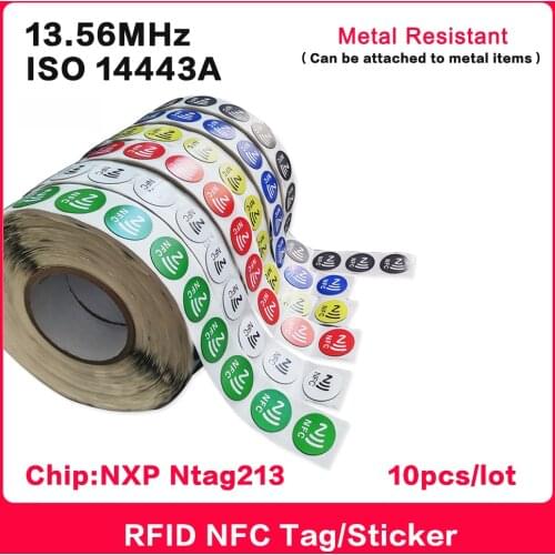 10PCS NFC Stickers Tag ISO14443A 13.56MHz NXP NTAG213 Universal Label RFID HF Smart electronic Tags Metal Resistant IC Card