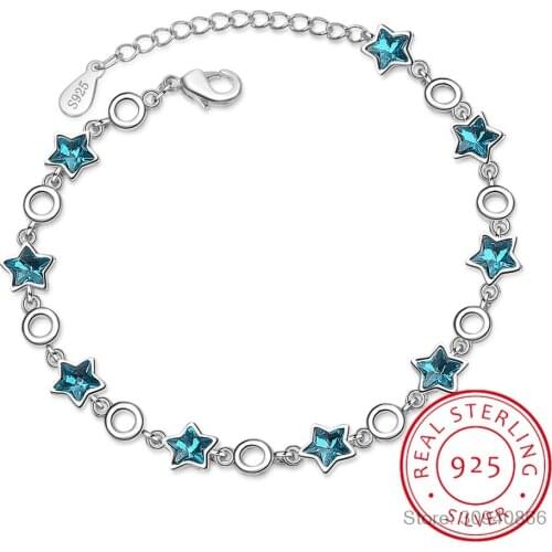 100% Original 925 Sterling Silver Blue Crystal Stars Chain Bracelet Sweet Pentagram Charms Bracelet For Women SL090