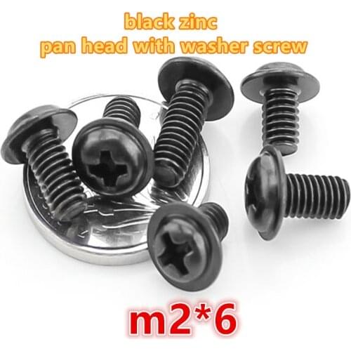 1000pcs m2*6 carbon steel with black zinc plated phillip pan / round head with washer electronic screw computer screw