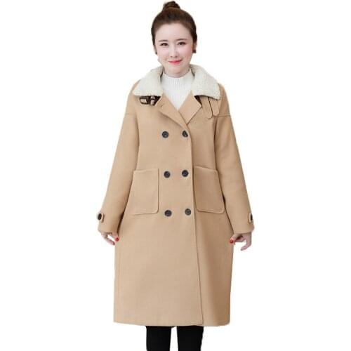 4XL Large Size Womens Wool Coat Double breasted Blended Woolen Jacket Long Khaki Autumn And Winter Pocket Coat Outwear 2020