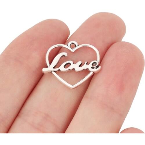 50pcs/lot Tibetan Silver Word Love Heart Charms Pendants for Bracelet Necklace Jewelry Making 22x18mm