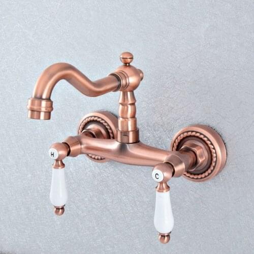 Antique Red Copper Brass Bathroom Kitchen Sink Faucet Mixer Tap Swivel Spout Wall Mounted Double Handles tsf848