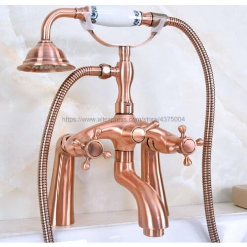 Antique Red Copper Bathtub Faucet Wall Mount Handheld Bath Tub Mixer System with Handshower Telephone Style Nna155