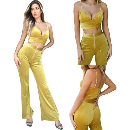 BKLD 2018 Women Two Piece Set Crop Top And Pants Autumn Velvet Tracksuit 2 Piece Women Sets Yellow Womens Clothing Club Outfit