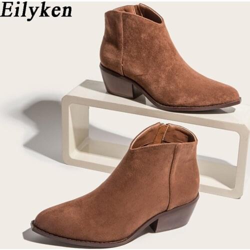 Eilyken Fashion Western Bootties Female Low Heel Shoes Sexy Pointed Toe Zip Motorcycle Women Ankle Boots Ladies Pumps Size 36-43